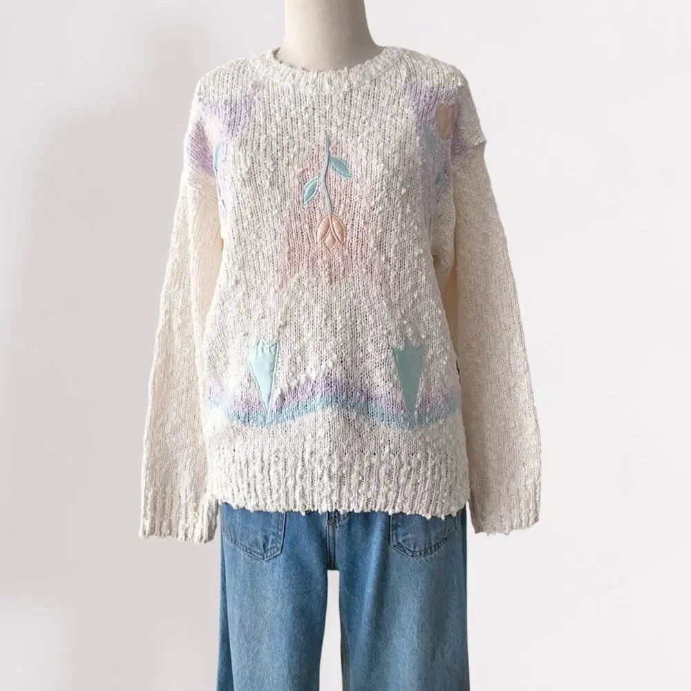 Vintage 80s Coquette Embroidered Sweater Pastel Cottagecore Grandmacore Knit M - Picture 8 of 10
